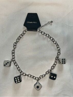 DollsKill Silver Chain Necklace with Black & White Dice Charms NWT